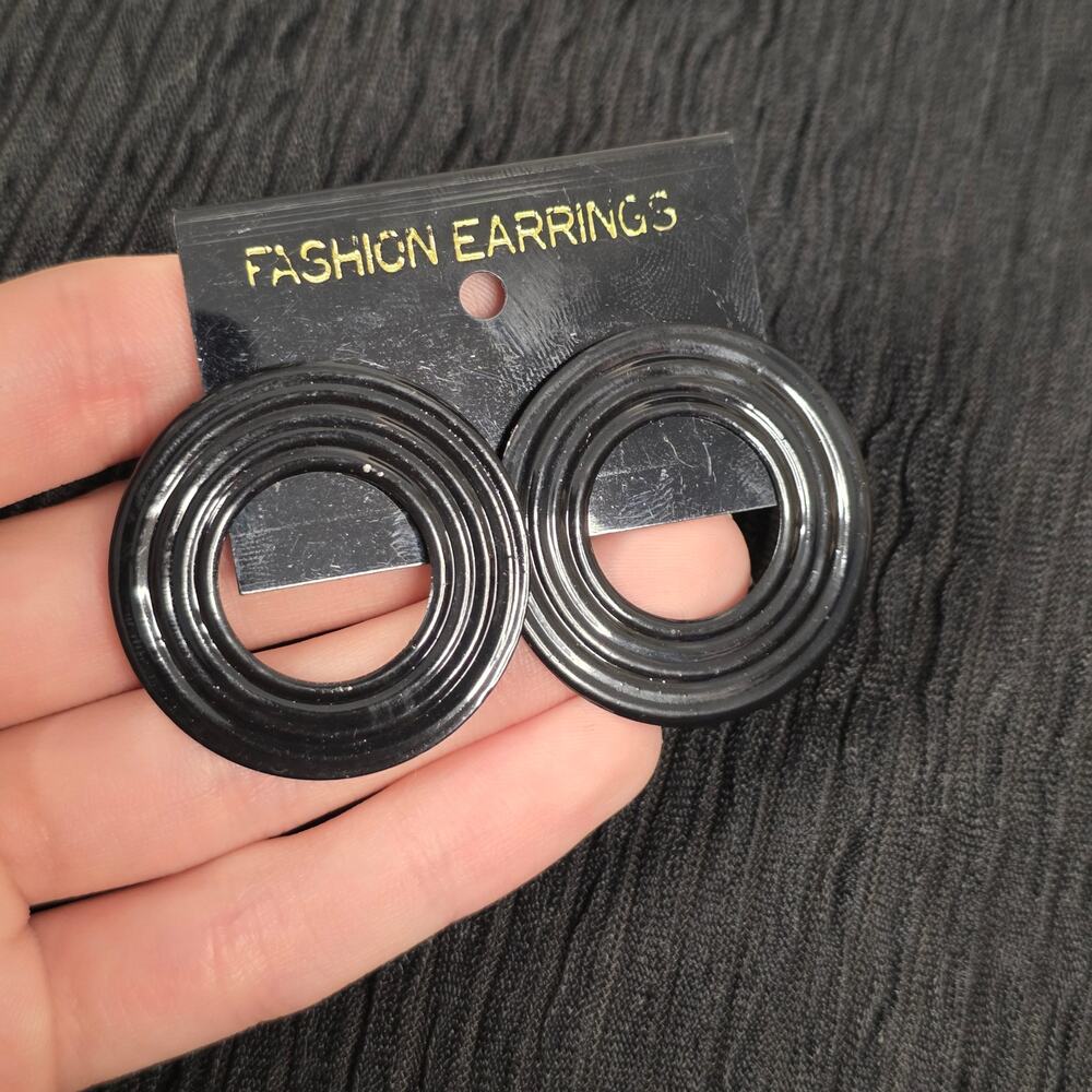 Vintage 80s Black Circle Earrings Geometric Statement Made in Korea